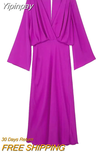 Yipinpay 2023 Purple Long Dress Women Pleated Satin Midi Dress Woman Long Sleeve Elegant Party Dresses For Women Evening Dresses